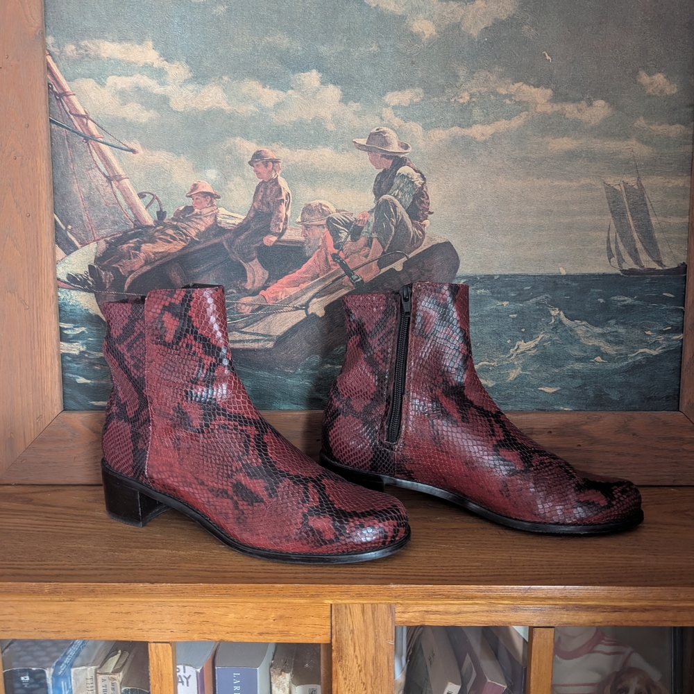 Red Snake Print Ankle Boots